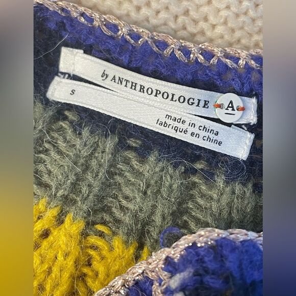 Anthropologie Cream Pullover Sweater Striped Trim Size M - Picture 6 of 8